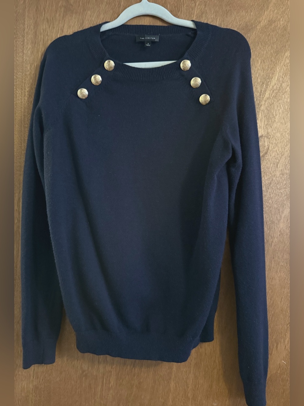 The Limited Women’s Dark Navy Crewneck Sweater with Gold Button Detail
